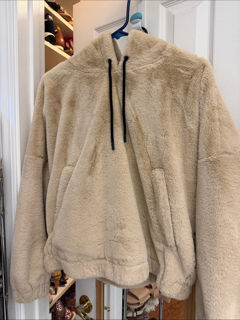 Zara Cozy Faux Fur Hoodie in Beige